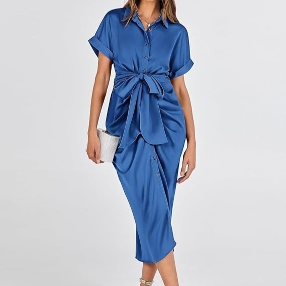 BTFBM Button Up Ruched Shirt Dress Size S Blue Smooth Satin SS Lapel V-Neck Midi